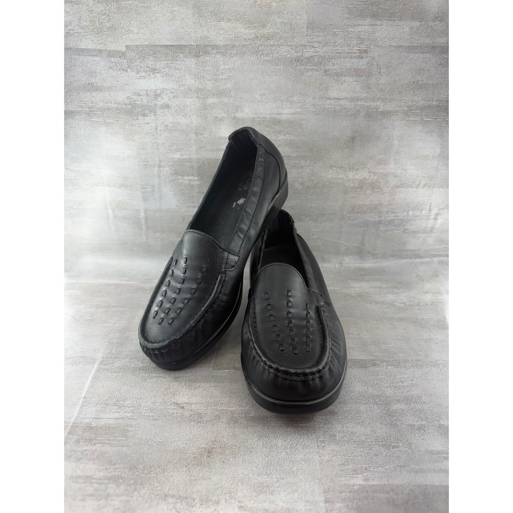 SAS Tripad Comfort Black Leather Woven Moc Toe Wedge Loafers Women Sz 8W